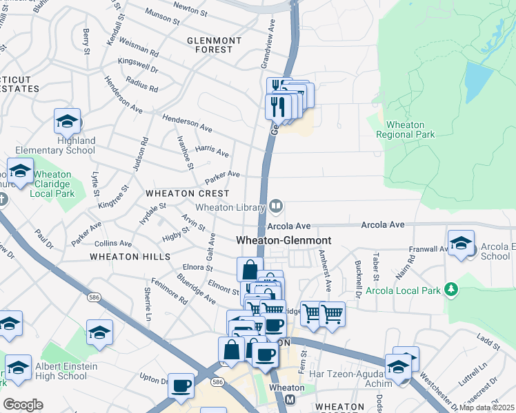 map of restaurants, bars, coffee shops, grocery stores, and more near 11708 Georgia Avenue in Silver Spring