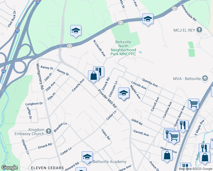 map of restaurants, bars, coffee shops, grocery stores, and more near 11709 Emack Road in Beltsville
