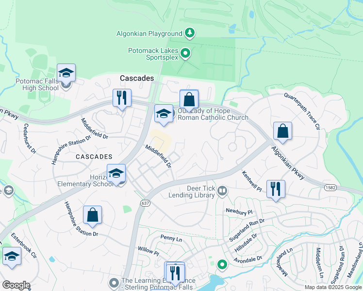 map of restaurants, bars, coffee shops, grocery stores, and more near 20504 Ashley Terrace in Sterling