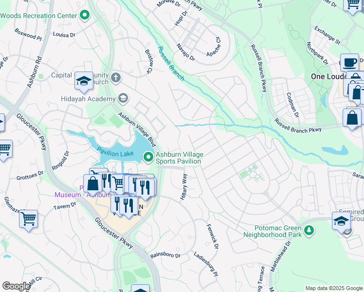 map of restaurants, bars, coffee shops, grocery stores, and more near 20534 Norwich Place in Ashburn