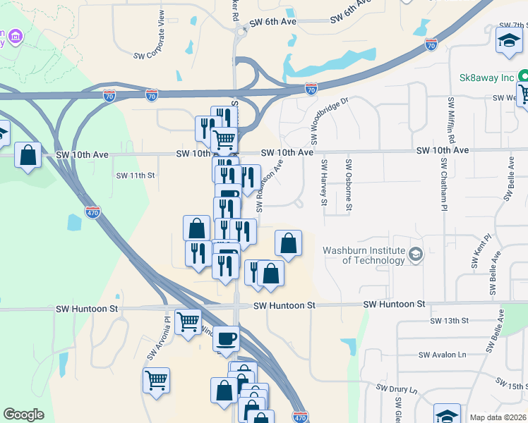 map of restaurants, bars, coffee shops, grocery stores, and more near 1074 Southwest Robinson Avenue in Topeka