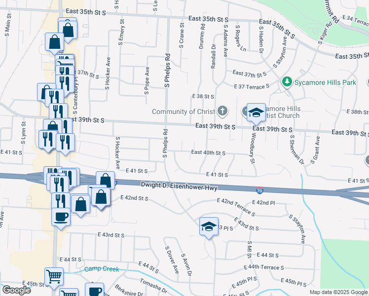 map of restaurants, bars, coffee shops, grocery stores, and more near 14900 East 40th Street South in Independence