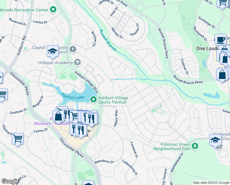 map of restaurants, bars, coffee shops, grocery stores, and more near 20534 Norwich Place in Ashburn