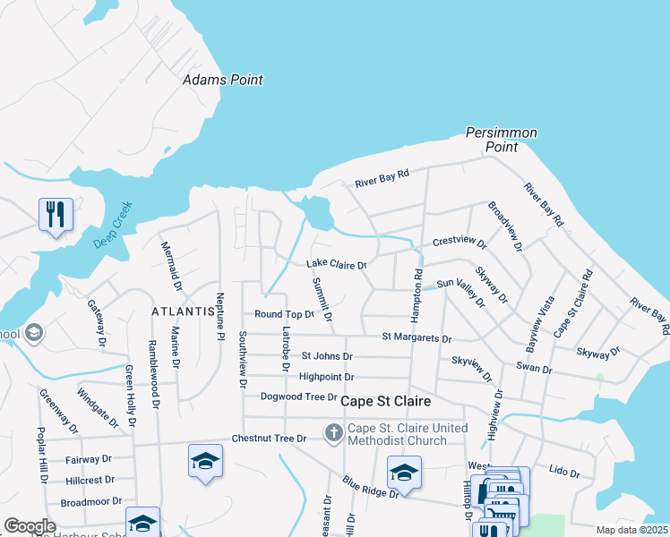 map of restaurants, bars, coffee shops, grocery stores, and more near 1029 Lake Claire Drive in Annapolis