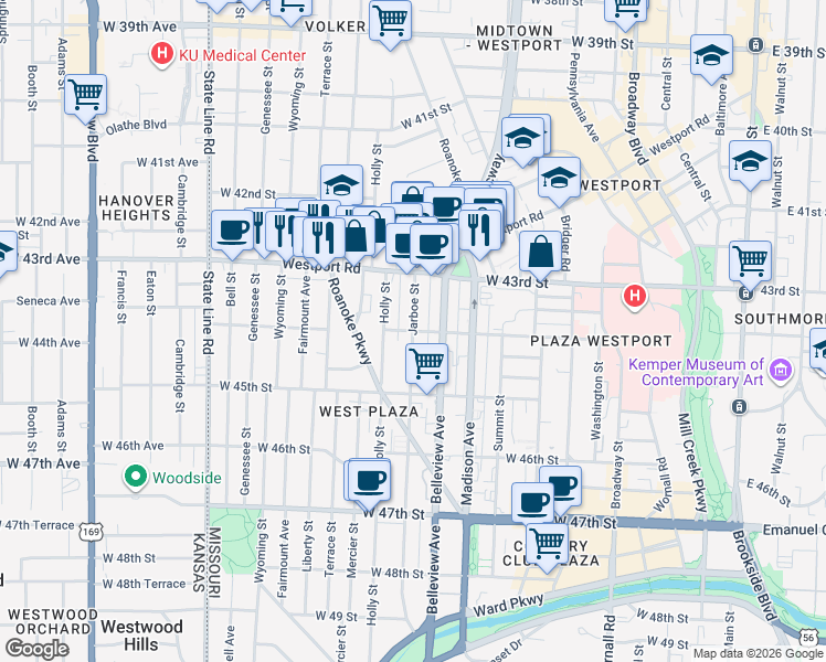 map of restaurants, bars, coffee shops, grocery stores, and more near W 44th St & Jarboe St in Kansas City