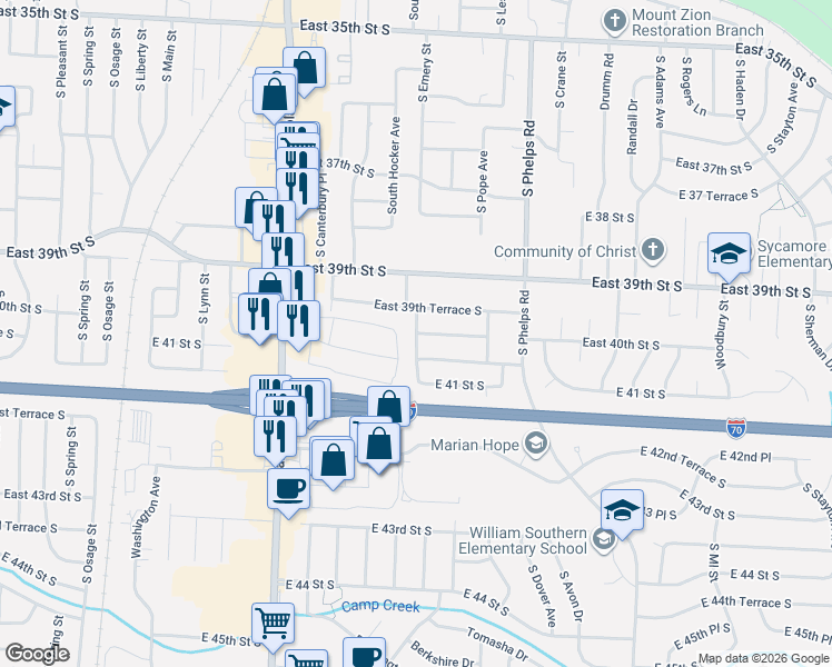 map of restaurants, bars, coffee shops, grocery stores, and more near East 40th Street South in Independence