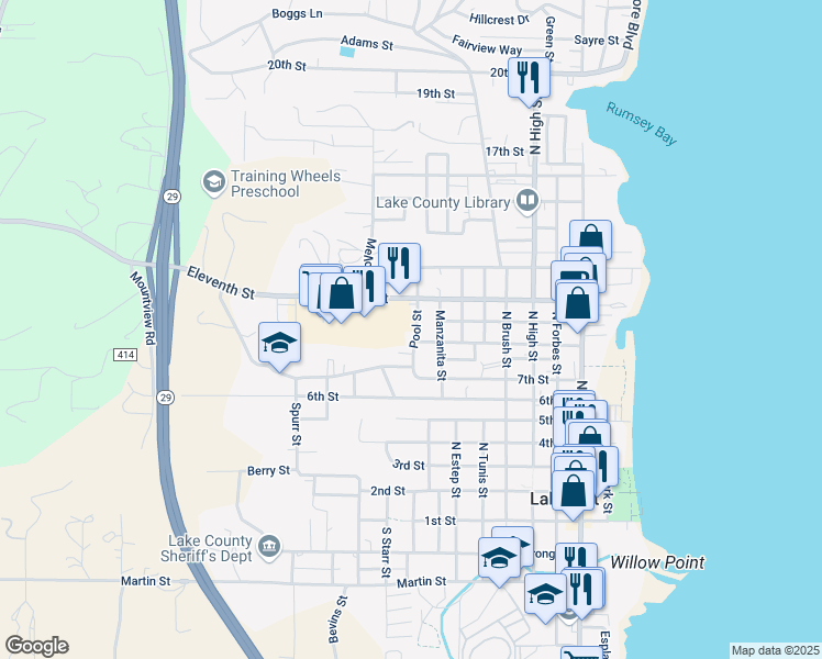 map of restaurants, bars, coffee shops, grocery stores, and more near 955 Pool Street in Lakeport