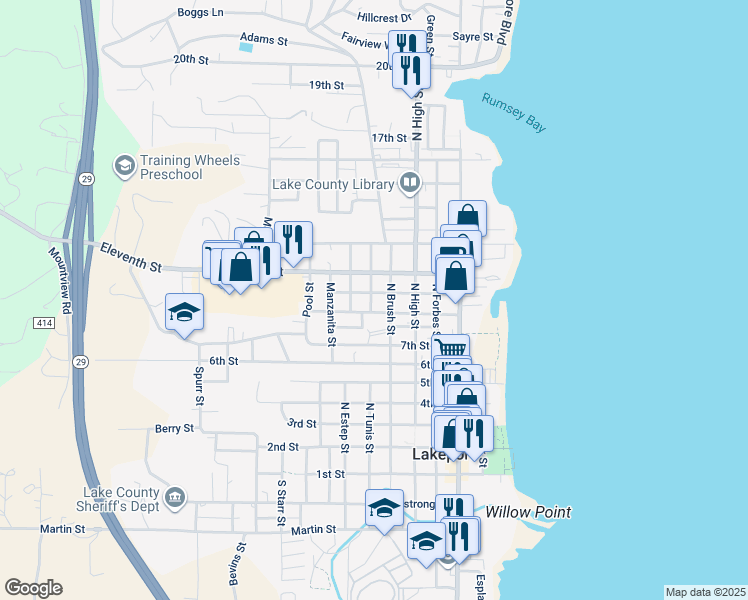 map of restaurants, bars, coffee shops, grocery stores, and more near 477 10th Street in Lakeport