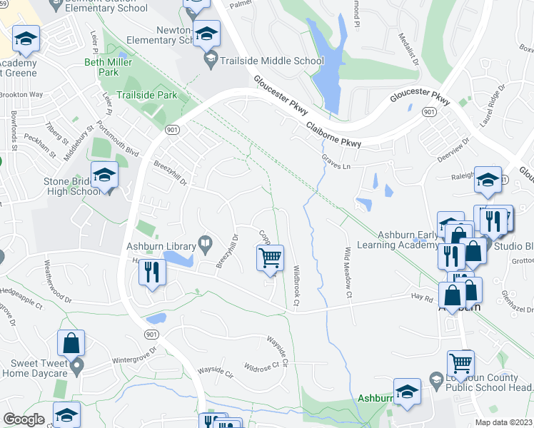 map of restaurants, bars, coffee shops, grocery stores, and more near 43423 Longview Drive in Ashburn