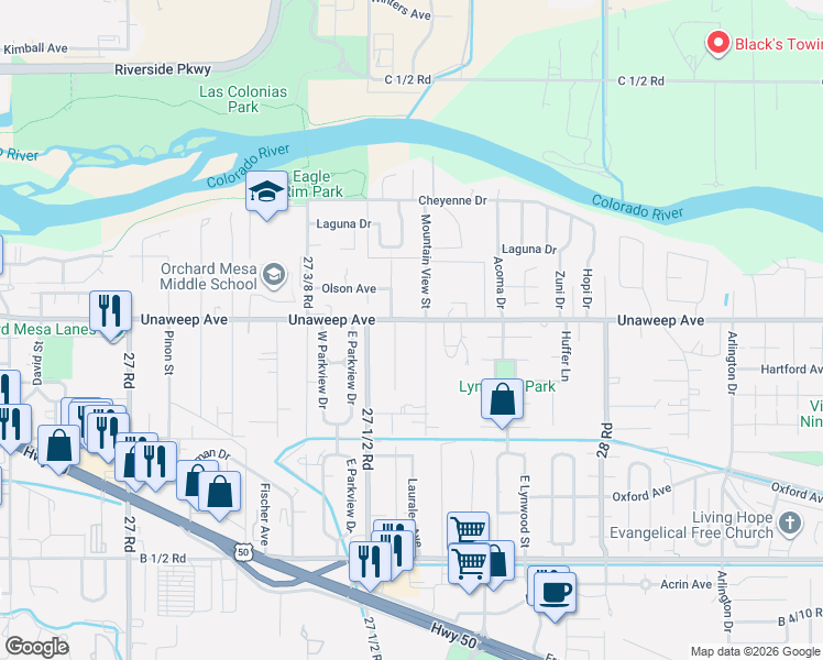 map of restaurants, bars, coffee shops, grocery stores, and more near 296 1/2 Cherry Lane in Grand Junction