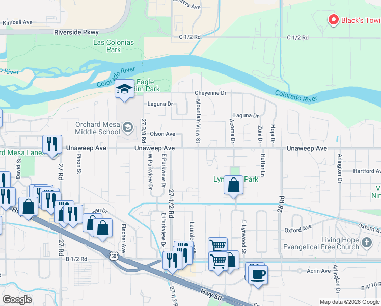 map of restaurants, bars, coffee shops, grocery stores, and more near 296 1/2 Cherry Lane in Grand Junction