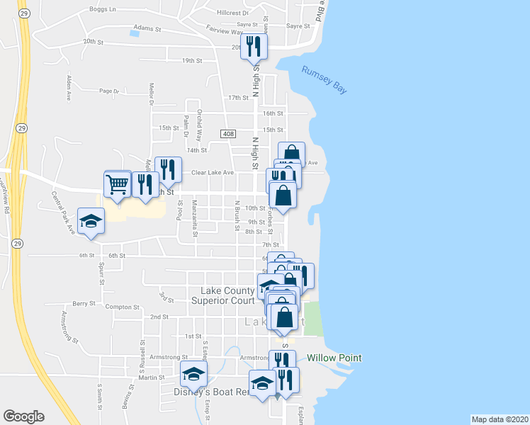 map of restaurants, bars, coffee shops, grocery stores, and more near 916 North Forbes Street in Lakeport