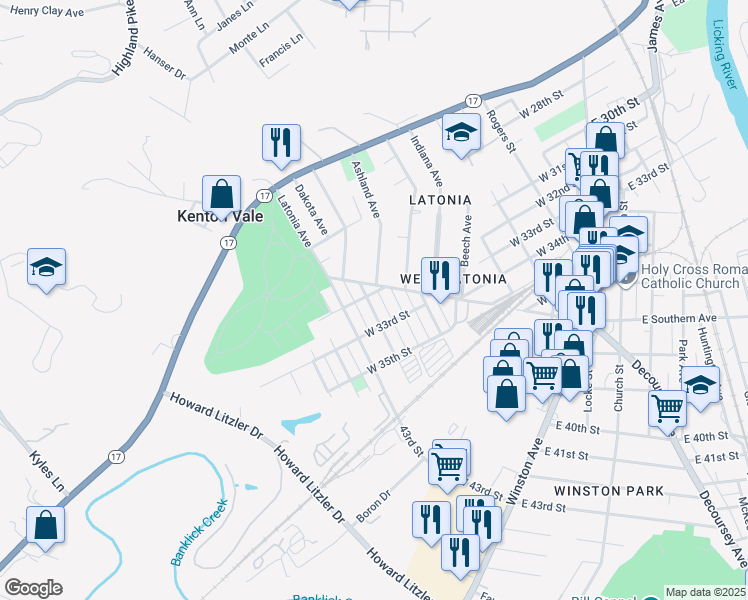 map of restaurants, bars, coffee shops, grocery stores, and more near 3201 Watson Avenue in Covington