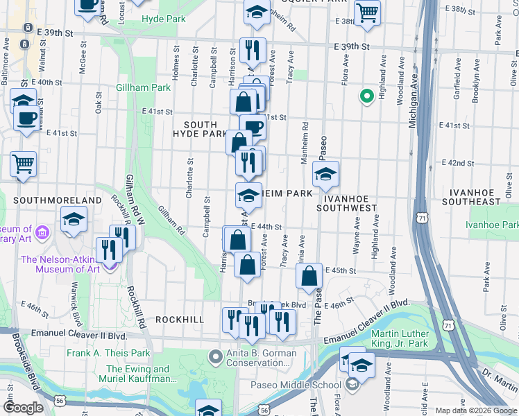 map of restaurants, bars, coffee shops, grocery stores, and more near 4325 Troost Avenue in Kansas City
