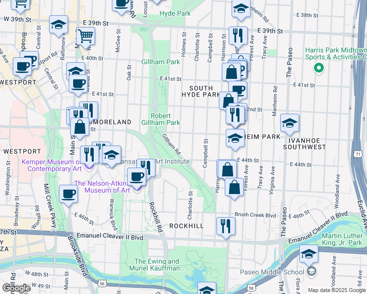 map of restaurants, bars, coffee shops, grocery stores, and more near 4326 Charlotte Street in Kansas City