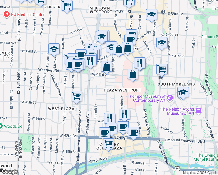 map of restaurants, bars, coffee shops, grocery stores, and more near 626 West 44th Street in Kansas City