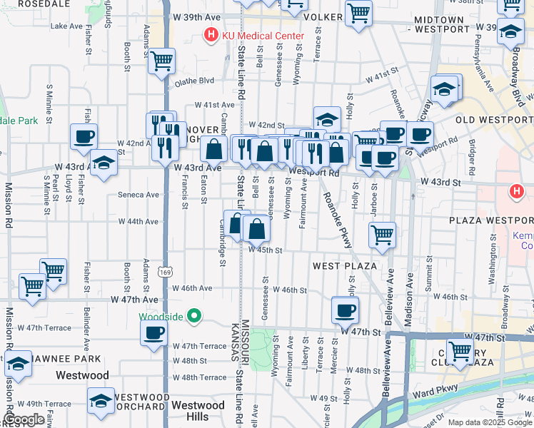 map of restaurants, bars, coffee shops, grocery stores, and more near 4404 Bell Street in Kansas City