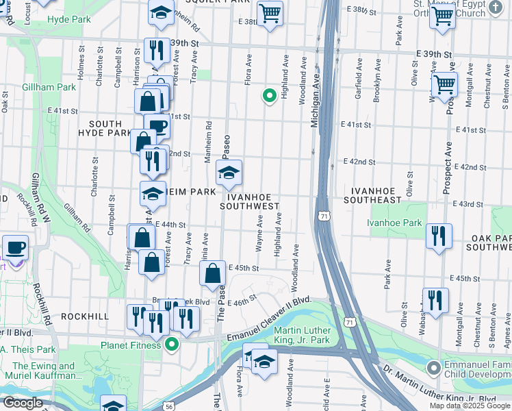 map of restaurants, bars, coffee shops, grocery stores, and more near 4314 Wayne Avenue in Kansas City