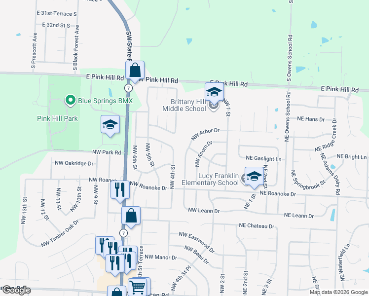map of restaurants, bars, coffee shops, grocery stores, and more near 2525 Northwest Leann Drive in Blue Springs