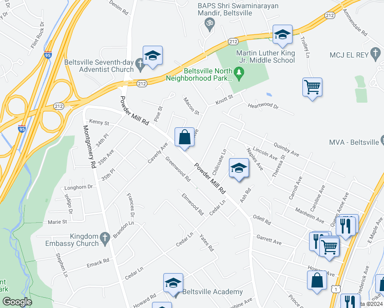 map of restaurants, bars, coffee shops, grocery stores, and more near 4412 Powder Mill Rd in Beltsville