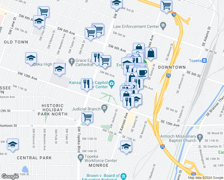 map of restaurants, bars, coffee shops, grocery stores, and more near 300 Southwest 10th Avenue in Topeka