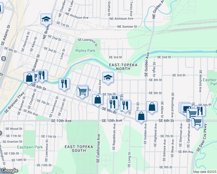 map of restaurants, bars, coffee shops, grocery stores, and more near 401 Southeast Market Street in Topeka