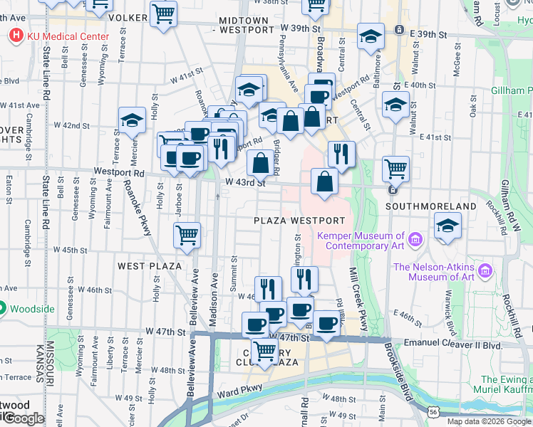 map of restaurants, bars, coffee shops, grocery stores, and more near 626 West 44th Street in Kansas City