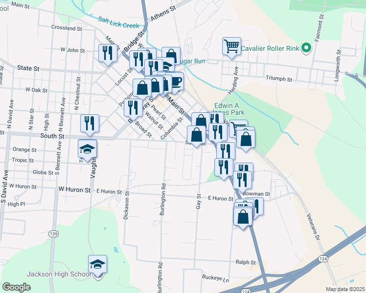 map of restaurants, bars, coffee shops, grocery stores, and more near 269E South Street in Jackson