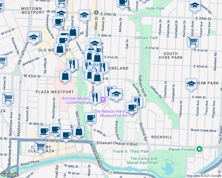 map of restaurants, bars, coffee shops, grocery stores, and more near 4331 Warwick Boulevard in Kansas City