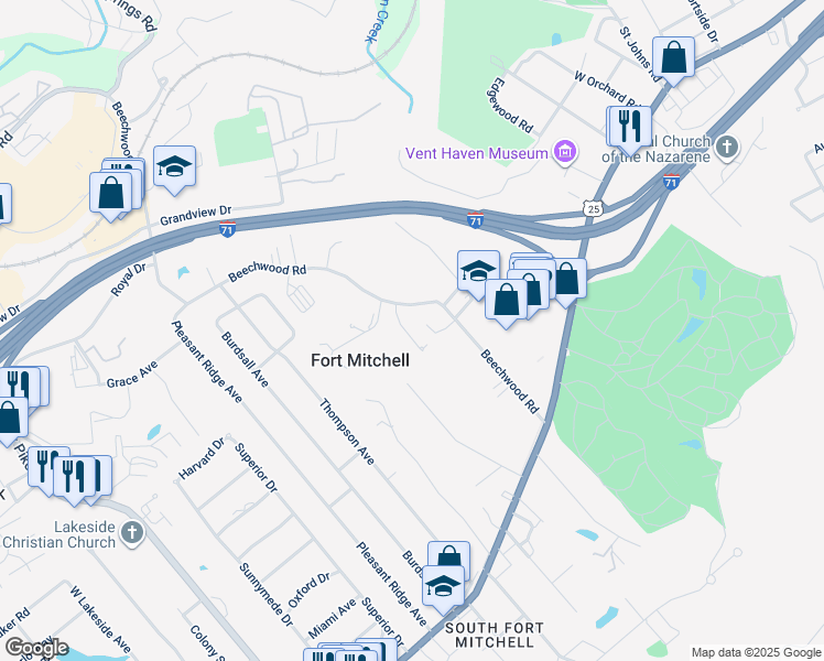 map of restaurants, bars, coffee shops, grocery stores, and more near 134 Deauville Court in Fort Mitchell