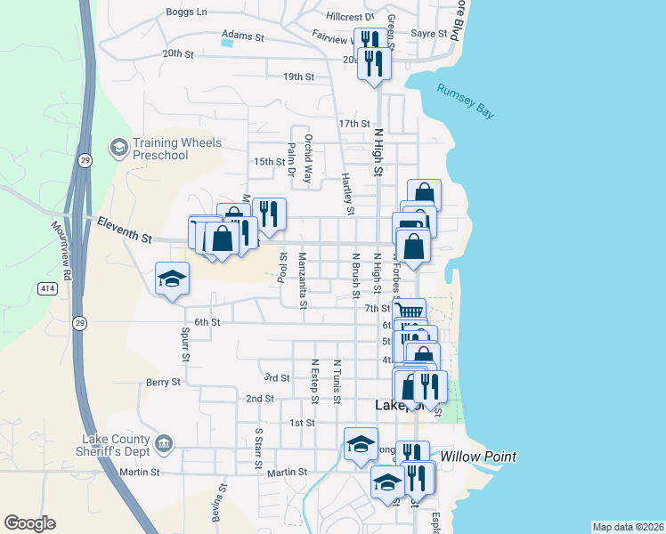 map of restaurants, bars, coffee shops, grocery stores, and more near 521 10th Street in Lakeport