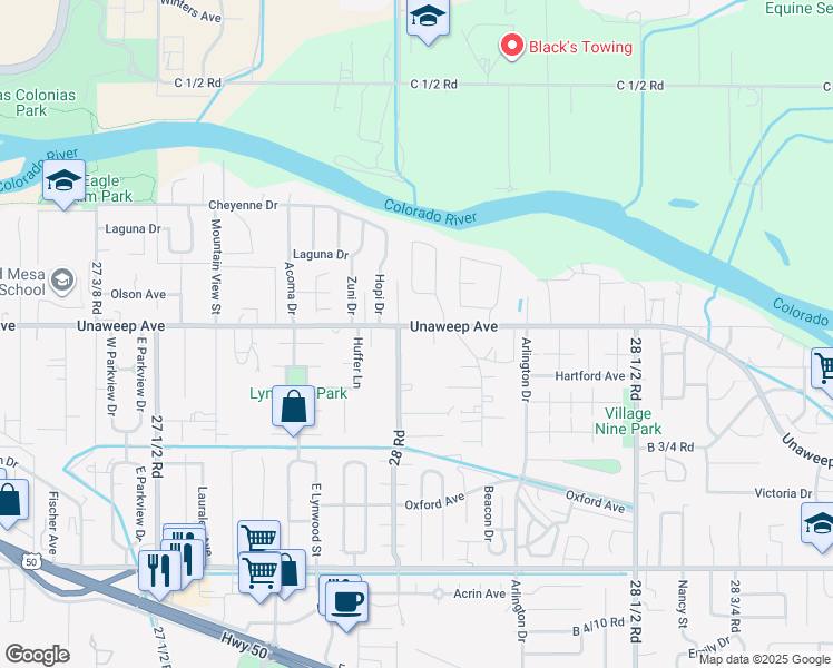 map of restaurants, bars, coffee shops, grocery stores, and more near 2805 Unaweep Avenue in Grand Junction