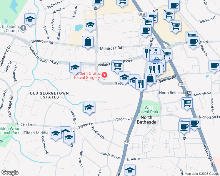 map of restaurants, bars, coffee shops, grocery stores, and more near 6110 Executive Boulevard in Rockville
