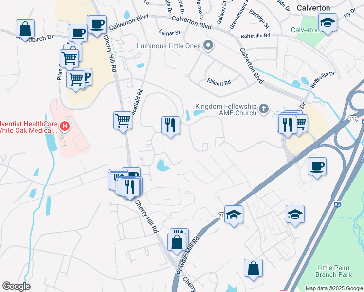 map of restaurants, bars, coffee shops, grocery stores, and more near 3100 Gracefield Road in Silver Spring