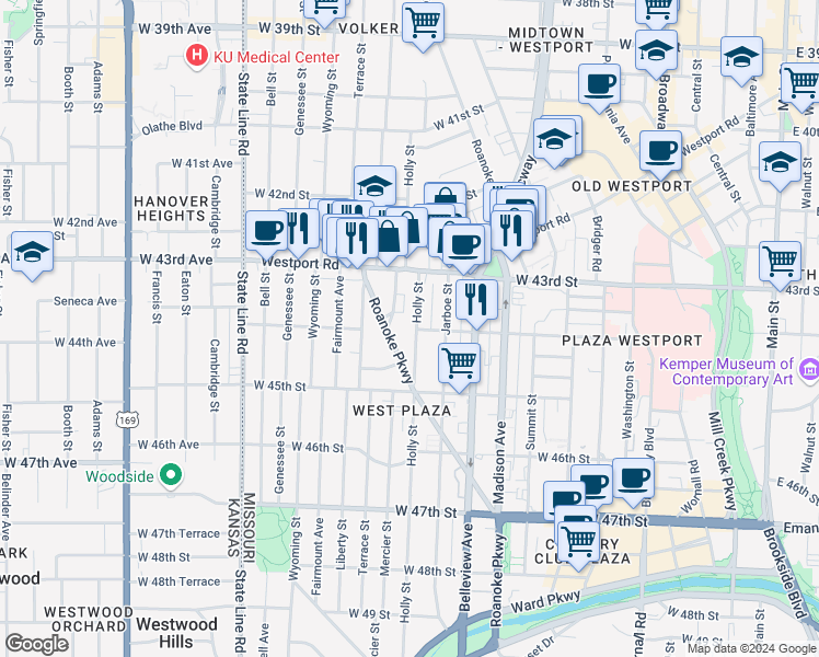 map of restaurants, bars, coffee shops, grocery stores, and more near 4400 Holly Street in Kansas City