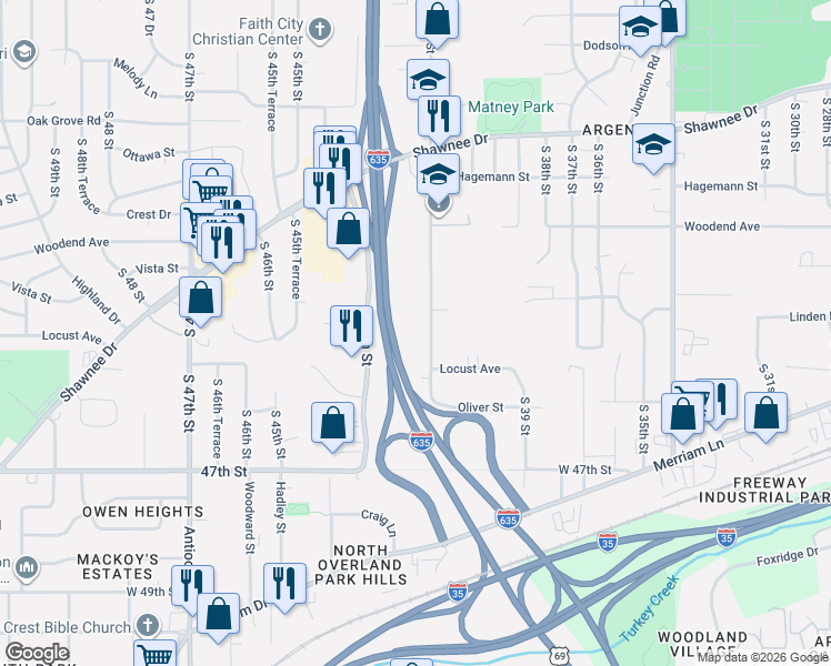 map of restaurants, bars, coffee shops, grocery stores, and more near 2946 South 42nd Street in Kansas City