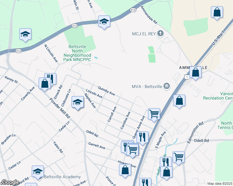 map of restaurants, bars, coffee shops, grocery stores, and more near 4716 Quimby Avenue in Beltsville