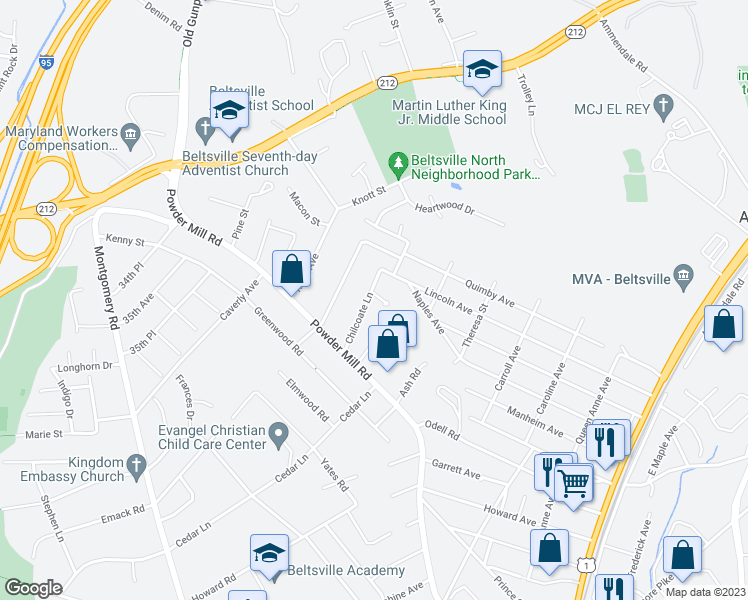 map of restaurants, bars, coffee shops, grocery stores, and more near 11721 Chilcoate Lane in Beltsville