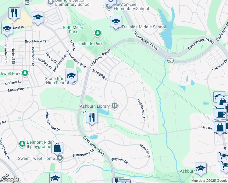 map of restaurants, bars, coffee shops, grocery stores, and more near 20538 Courier Ridge Place in Ashburn