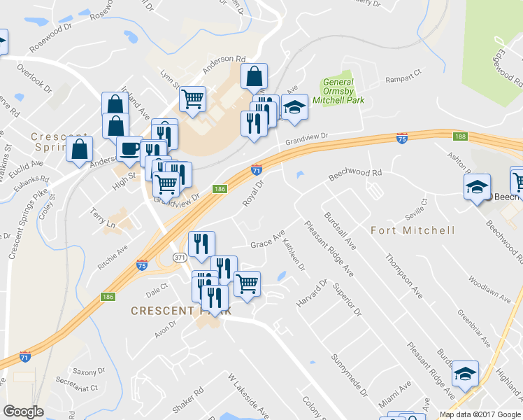 map of restaurants, bars, coffee shops, grocery stores, and more near 2345 Reserve Drive in Fort Mitchell