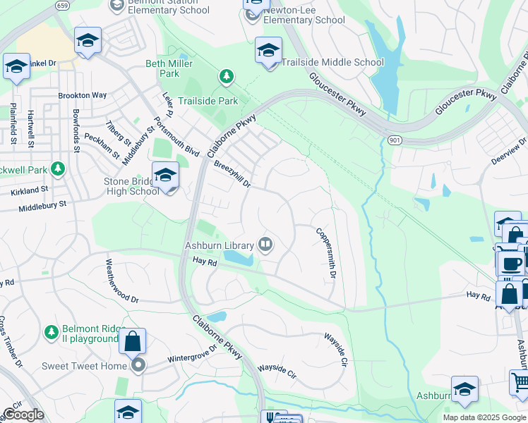 map of restaurants, bars, coffee shops, grocery stores, and more near 20538 Courier Ridge Place in Ashburn