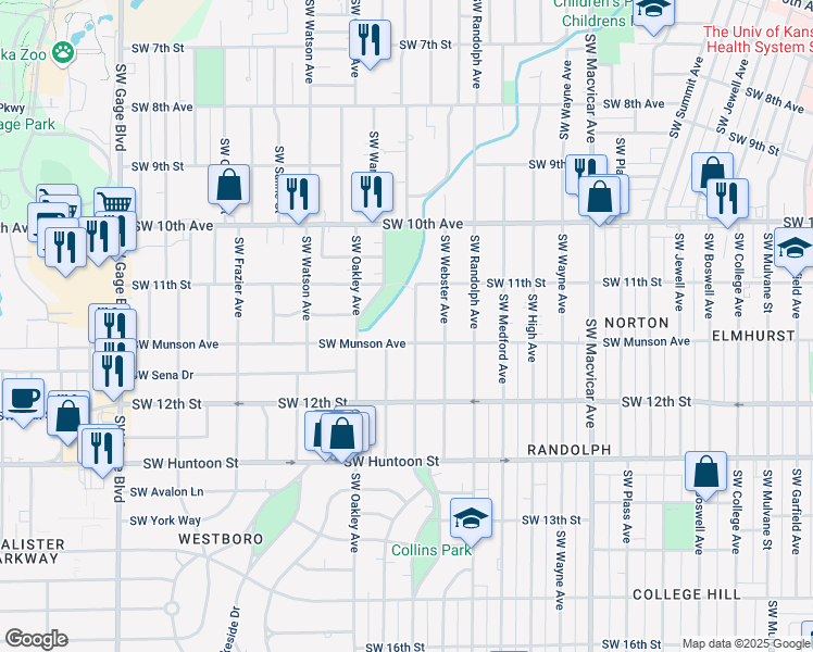 map of restaurants, bars, coffee shops, grocery stores, and more near 1139 Southwest Collins Avenue in Topeka
