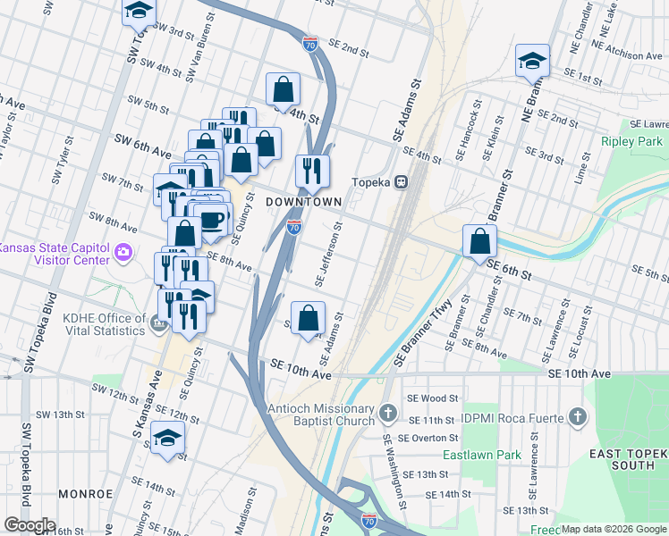 map of restaurants, bars, coffee shops, grocery stores, and more near 700 Southeast Jefferson Street in Topeka
