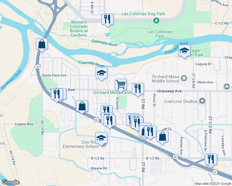 map of restaurants, bars, coffee shops, grocery stores, and more near 2677 Unaweep Avenue in Grand Junction
