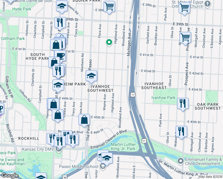 map of restaurants, bars, coffee shops, grocery stores, and more near 4316 Highland Avenue in Kansas City