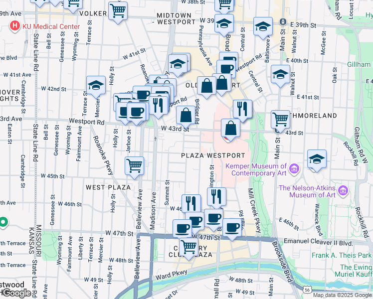 map of restaurants, bars, coffee shops, grocery stores, and more near 626 West 44th Street in Kansas City