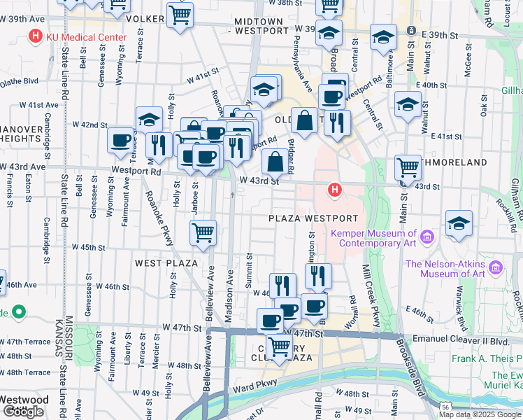 map of restaurants, bars, coffee shops, grocery stores, and more near 4400 Summit Street in Kansas City