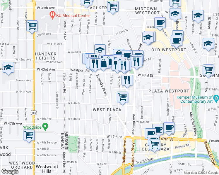 map of restaurants, bars, coffee shops, grocery stores, and more near 4403 Holly Street in Kansas City