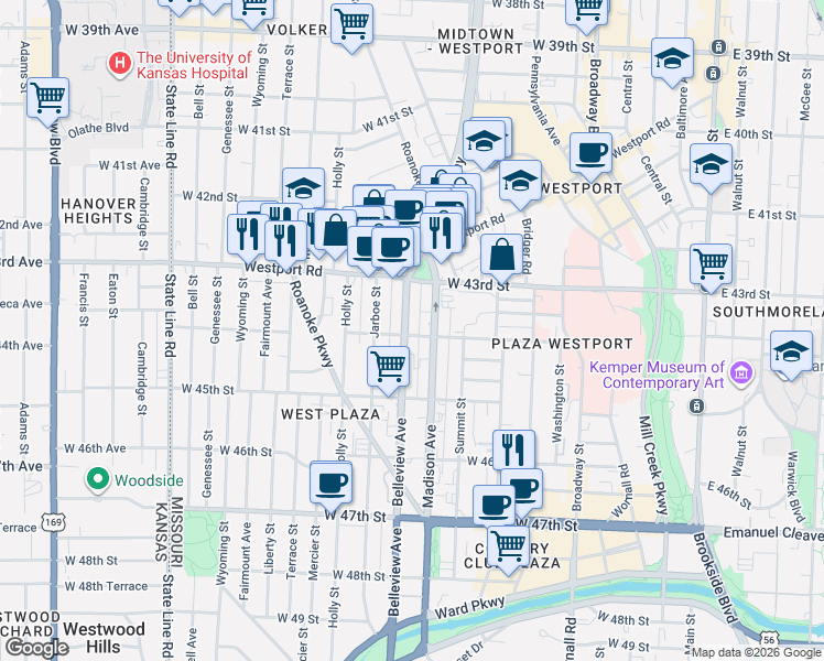 map of restaurants, bars, coffee shops, grocery stores, and more near 4343 Belleview Avenue in Kansas City