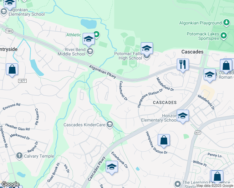 map of restaurants, bars, coffee shops, grocery stores, and more near 20500 Brandywine Court in Sterling